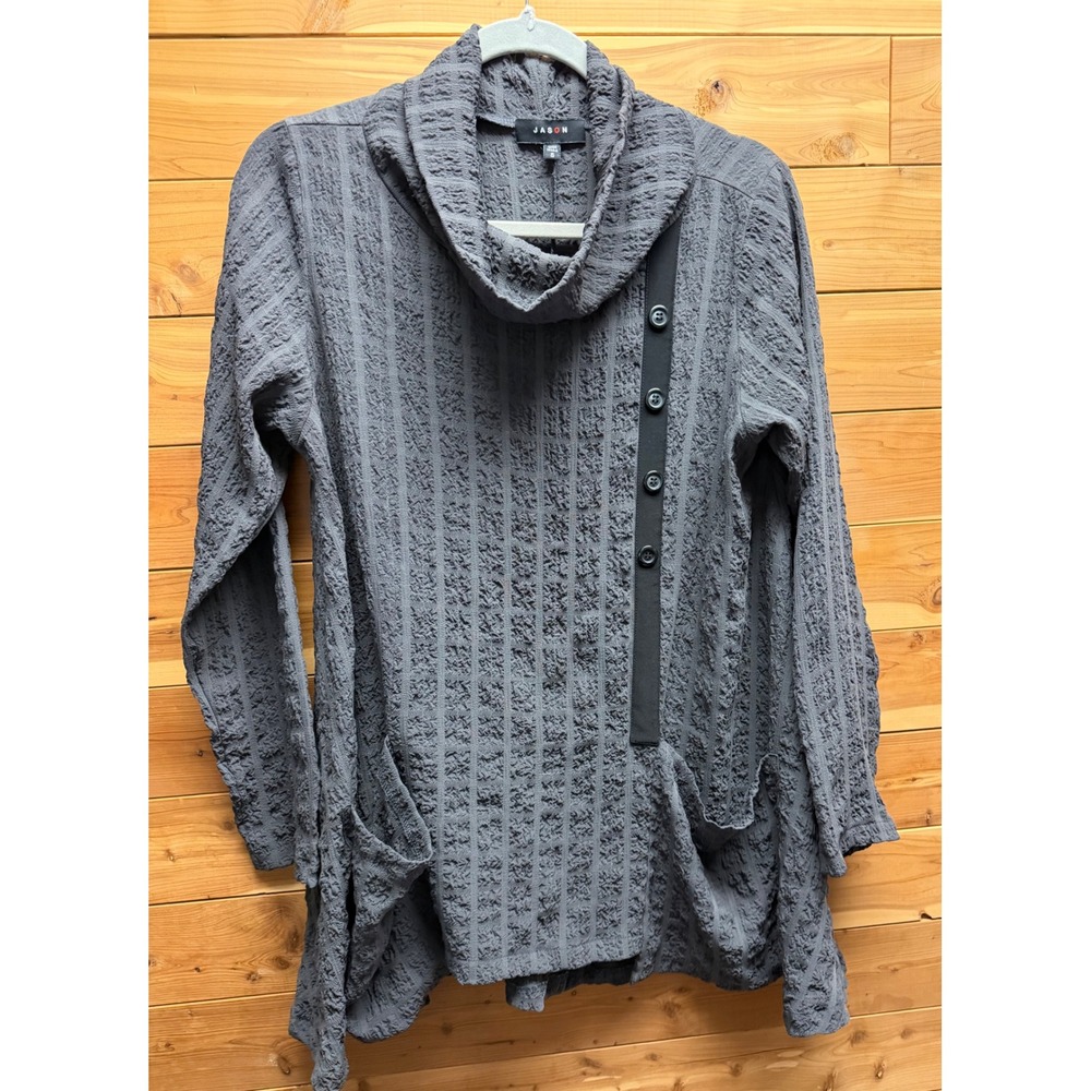 Jason Womens Charcoal Gray Textured Cowl Neck Tunic Top Button Detail Small - Picture 9 of 10